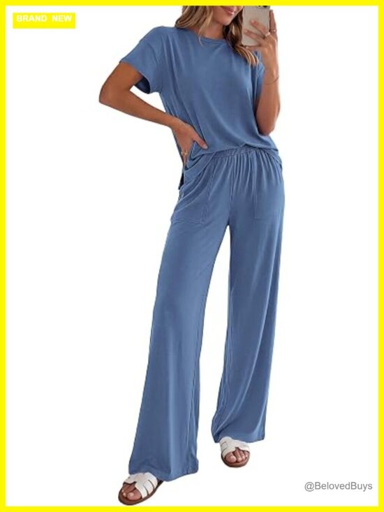 Pants - 2 Piece Lounge Set Short Sleeve Top Wide Leg Pants Travel Outfit